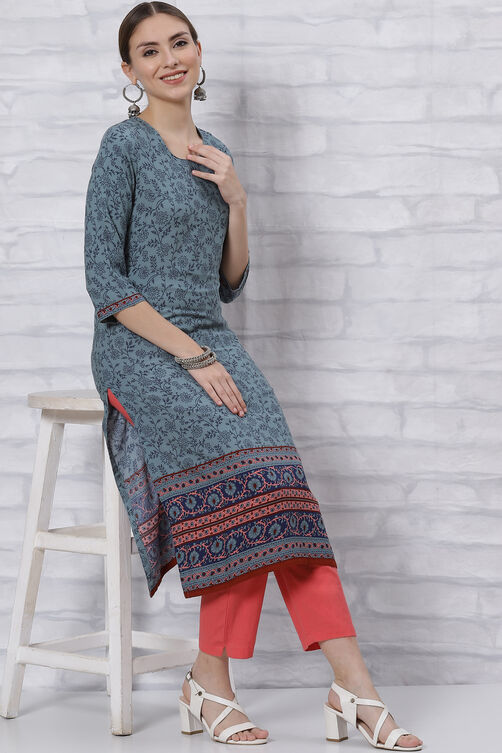Grey LIVA Straight Kurta image number 5